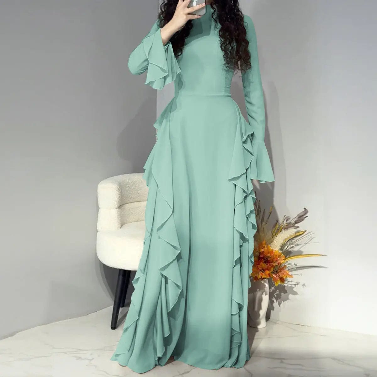 Saboor store dress Green / L Elegant High Waist Design Bell Sleeve Dress