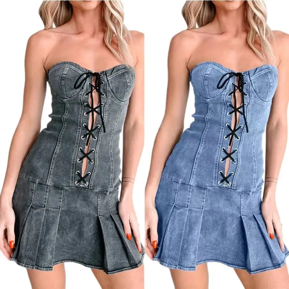 Saboor store dress Low Waist Rope Tube Top Denim Dress Women