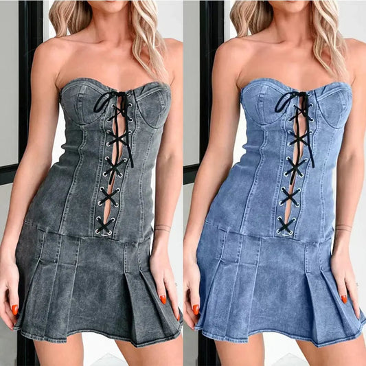 Saboor store dress Low Waist Rope Tube Top Denim Dress Women