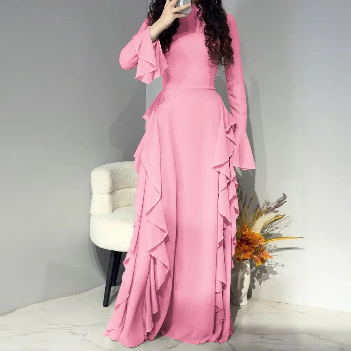 Saboor store dress Pink / L Elegant High Waist Design Bell Sleeve Dress