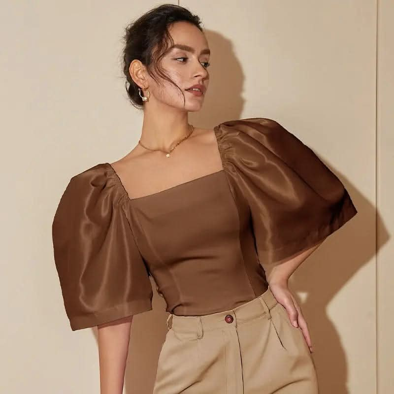 Saboor store  elegant, chic, stylish, trendy, fashion, feminine, classic, modern, boho, casual, formal, party, summer, winter, cozy, sophisticated, minimal, floral, vibrant, luxurious, timeless, comfortable, versatile Coffee Brown / L Women's Retro Lantern Sleeve Square Collar Elegant Top