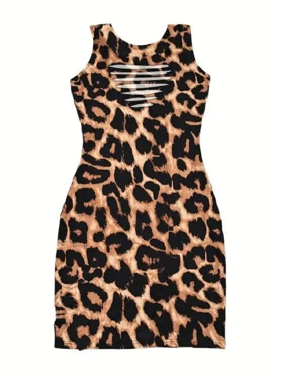 Saboor store  elegant, chic, stylish, trendy, fashion, feminine, classic, modern, boho, casual, formal, party, summer, winter, cozy, sophisticated, minimal, floral, vibrant, luxurious, timeless, comfortable, versatile Ladies' V-neck Leopard Print Chest Hollow Fashion Dress