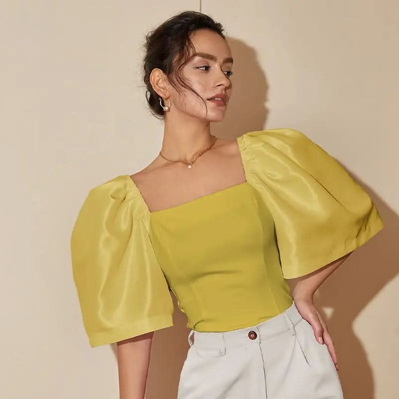 Saboor store  elegant, chic, stylish, trendy, fashion, feminine, classic, modern, boho, casual, formal, party, summer, winter, cozy, sophisticated, minimal, floral, vibrant, luxurious, timeless, comfortable, versatile Mustard Yellow / L Women's Retro Lantern Sleeve Square Collar Elegant Top