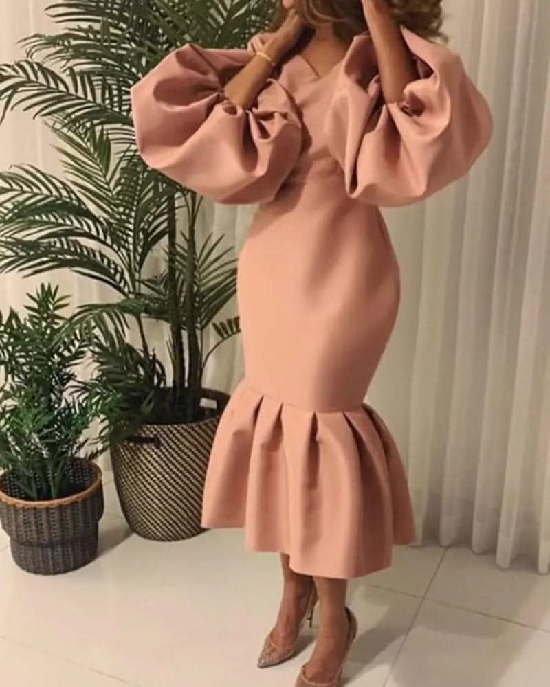 Saboor store  elegant, chic, stylish, trendy, fashion, feminine, classic, modern, boho, casual, formal, party, summer, winter, cozy, sophisticated, minimal, floral, vibrant, luxurious, timeless, comfortable, versatile Pink / 4XL Women's Fashion Solid Color And V-neck Bubble Long Sleeve Fishtail Skirt