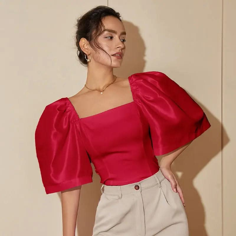 Saboor store  elegant, chic, stylish, trendy, fashion, feminine, classic, modern, boho, casual, formal, party, summer, winter, cozy, sophisticated, minimal, floral, vibrant, luxurious, timeless, comfortable, versatile Rose Red / L Women's Retro Lantern Sleeve Square Collar Elegant Top