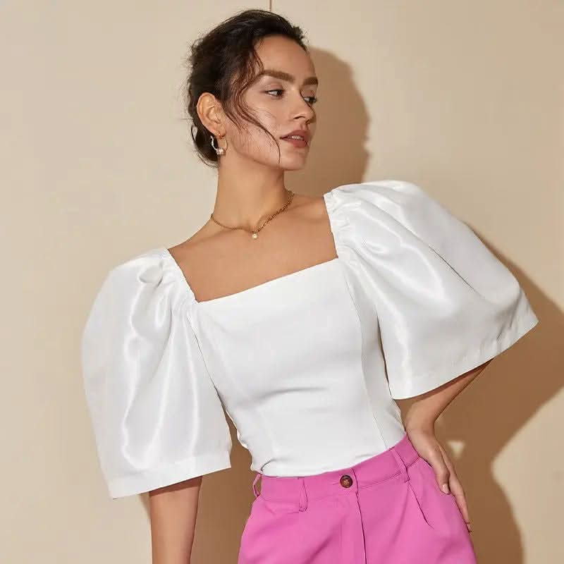 Saboor store  elegant, chic, stylish, trendy, fashion, feminine, classic, modern, boho, casual, formal, party, summer, winter, cozy, sophisticated, minimal, floral, vibrant, luxurious, timeless, comfortable, versatile White / L Women's Retro Lantern Sleeve Square Collar Elegant Top