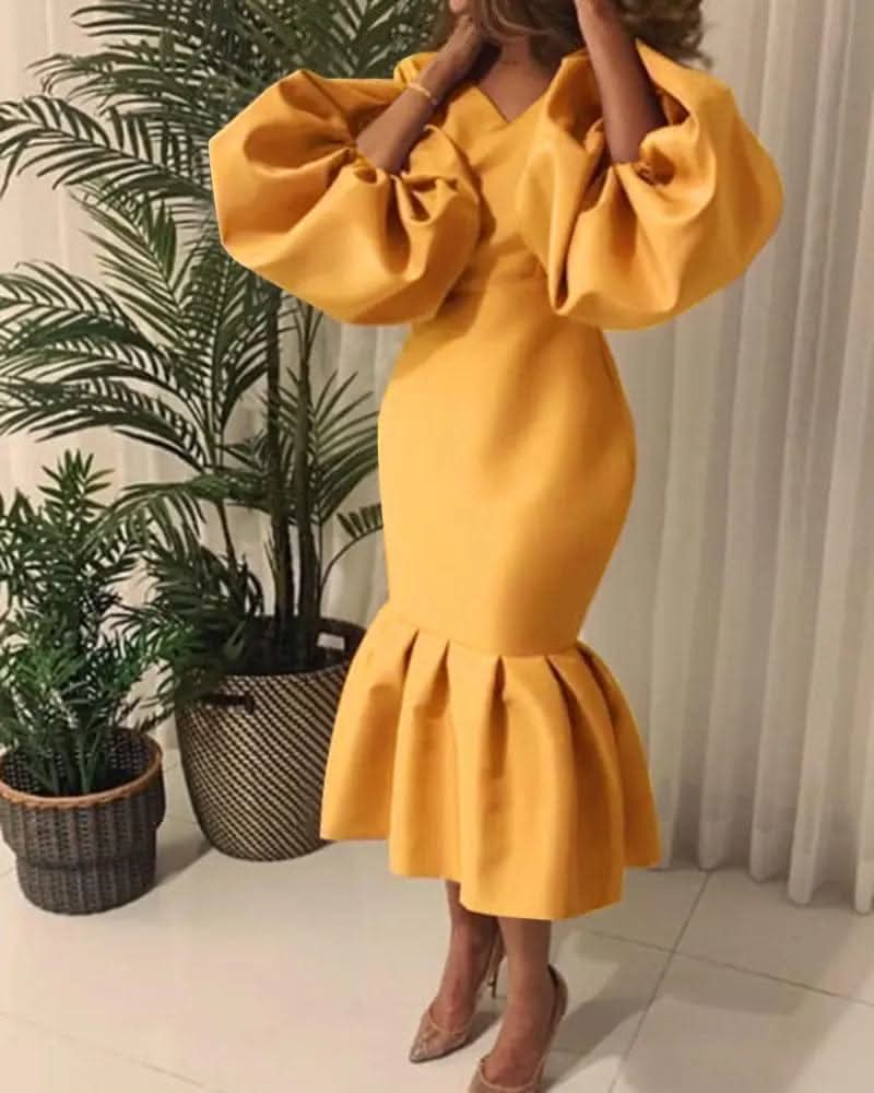 Saboor store  elegant, chic, stylish, trendy, fashion, feminine, classic, modern, boho, casual, formal, party, summer, winter, cozy, sophisticated, minimal, floral, vibrant, luxurious, timeless, comfortable, versatile Yellow / 4XL Women's Fashion Solid Color And V-neck Bubble Long Sleeve Fishtail Skirt