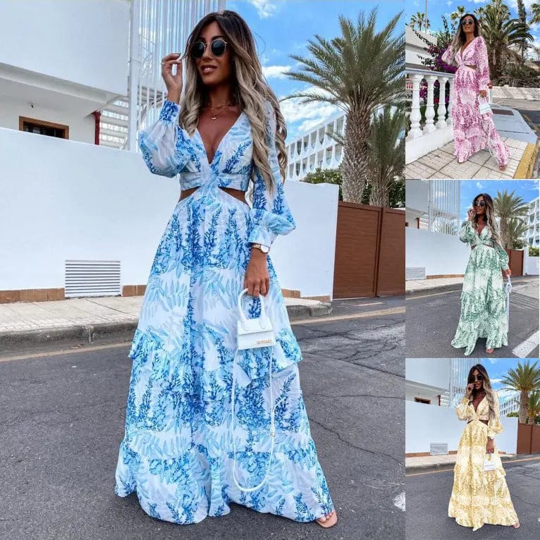 Saboor store  Elegant Women's Hollow Floor V-neck Long-sleeved Plant Dress Long Dresses Spring Summer Print V-neck Long Sleeve Dress Elegant Women's Hollow Floor V-neck Long-sleeved Plant Dress Long Dresses Spring Summer Print V-neck Long Sleeve Dress