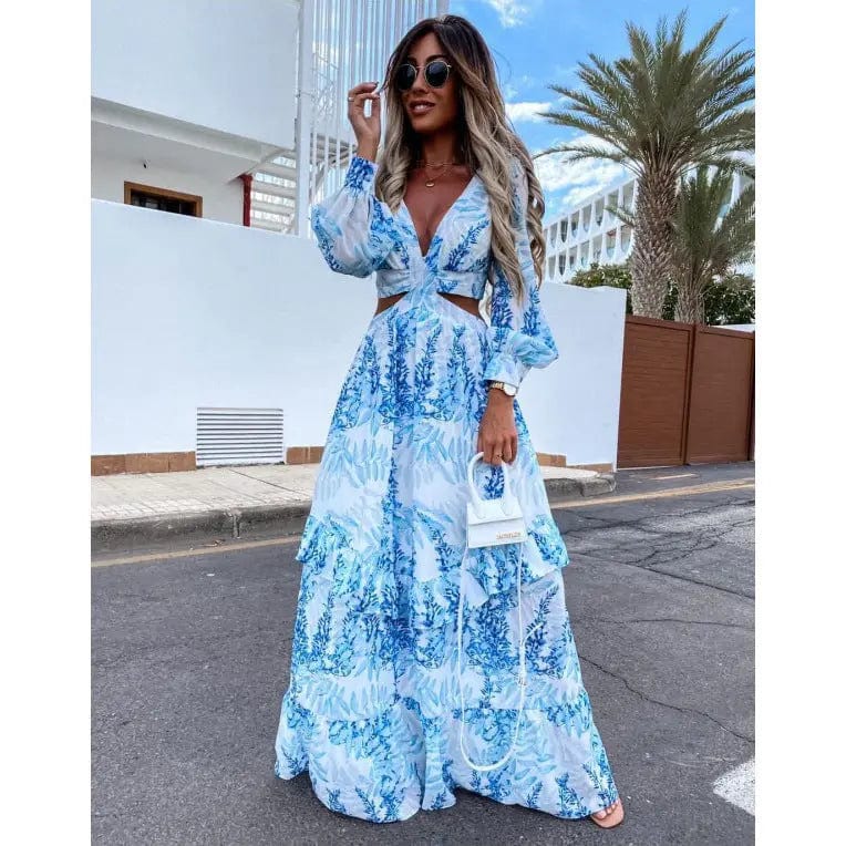 Saboor store  Elegant Women's Hollow Floor V-neck Long-sleeved Plant Dress Long Dresses Spring Summer Print V-neck Long Sleeve Dress Light Blue / 2XL Elegant Women's Hollow Floor V-neck Long-sleeved Plant Dress Long Dresses Spring Summer Print V-neck Long Sleeve Dress