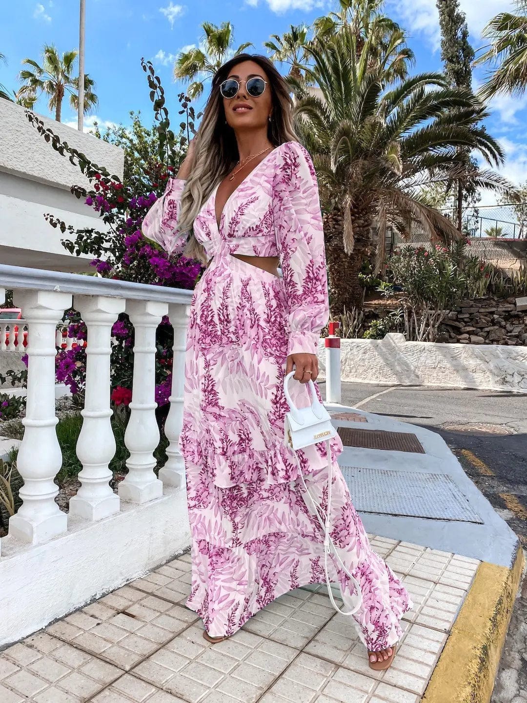 Saboor store  Elegant Women's Hollow Floor V-neck Long-sleeved Plant Dress Long Dresses Spring Summer Print V-neck Long Sleeve Dress Pink / 2XL Elegant Women's Hollow Floor V-neck Long-sleeved Plant Dress Long Dresses Spring Summer Print V-neck Long Sleeve Dress