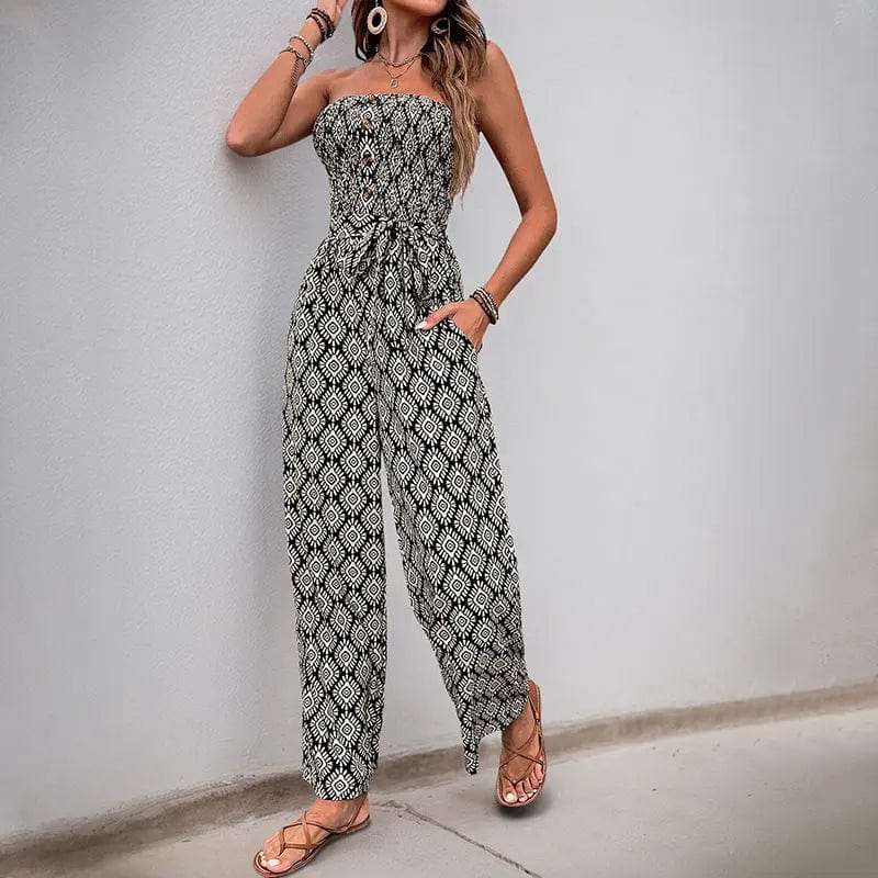 Saboor store  Ethnic Holiday Floral Print Tube Top Jumpsuit L / Black Ethnic Holiday Floral Print Tube Top Jumpsuit