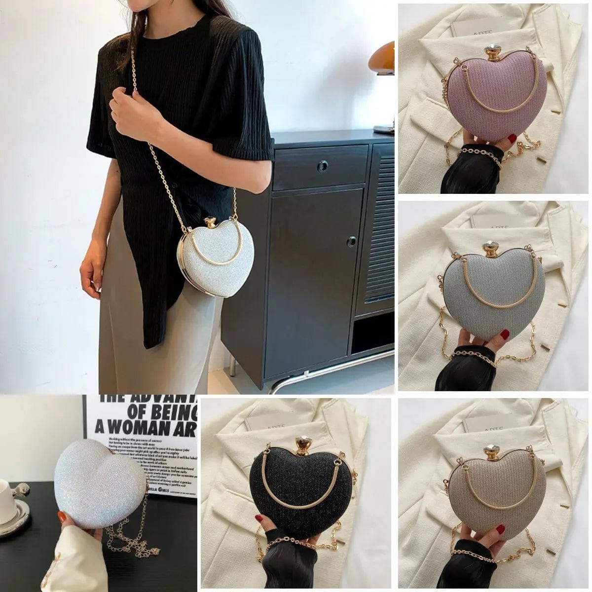 Saboor store Evening Clutch Bag Women Bag Shiny Handb Evening Clutch Bag Women Bag Shiny Handbag Heart Shape Metal Clutches Bag Fashion Chain Shoulder Crossbody Bag Luxury Lady Purse Valentines Day Outfit