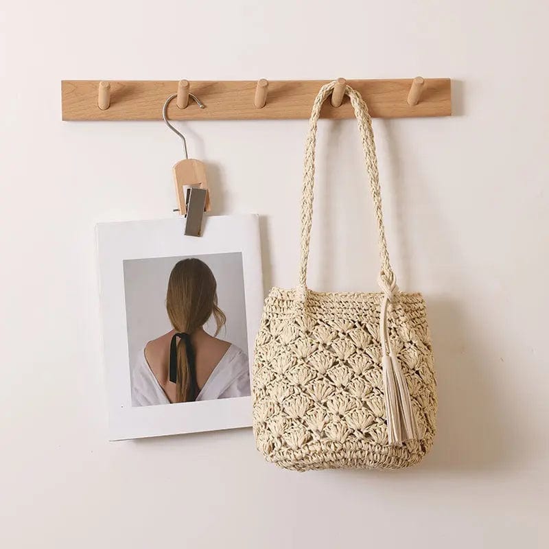 Saboor store Fashion Tassel Shoulder Straw Bag Fan Ho Beige Fashion Tassel Shoulder Straw Bag Fan Hollow Beach Bag