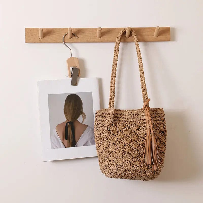 Saboor store Fashion Tassel Shoulder Straw Bag Fan Ho Coffee Fashion Tassel Shoulder Straw Bag Fan Hollow Beach Bag