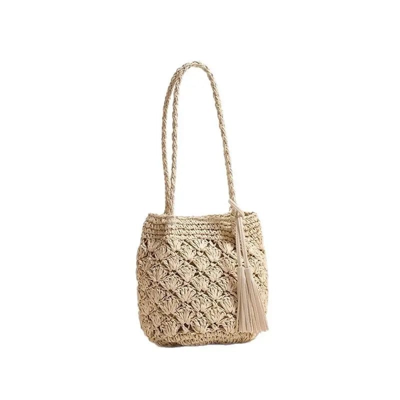 Saboor store Fashion Tassel Shoulder Straw Bag Fan Ho Fashion Tassel Shoulder Straw Bag Fan Hollow Beach Bag