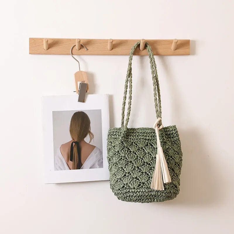 Saboor store Fashion Tassel Shoulder Straw Bag Fan Ho Green Fashion Tassel Shoulder Straw Bag Fan Hollow Beach Bag