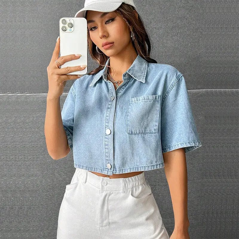 Saboor store  Fashion Thin Denim Small Waistcoat Short Sleeve Shirt Fashion Thin Denim Small Waistcoat Short Sleeve Shirt