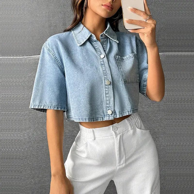 Saboor store  Fashion Thin Denim Small Waistcoat Short Sleeve Shirt Fashion Thin Denim Small Waistcoat Short Sleeve Shirt