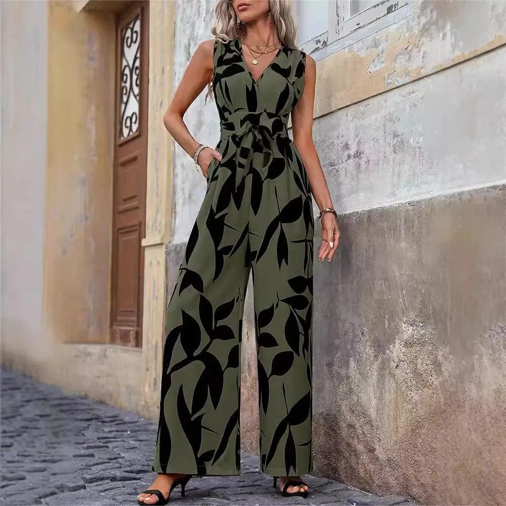 Saboor store Fashionable High Waist Lace-up Wide Leg L / Gray Green Black Flower Fashionable High Waist Lace-up Wide Leg Jumpsuit For Women