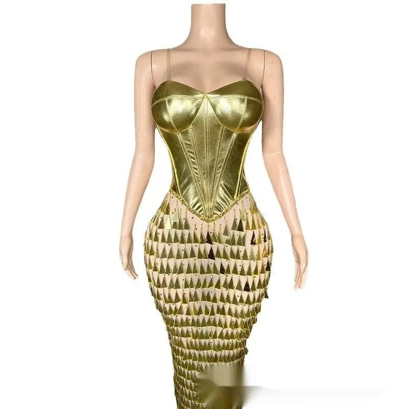 Saboor store Golden Bright Surface Bandage Design Tig Golden Bright Surface Bandage Design Tight Waist Slimming Mermaid Day Formal Dress