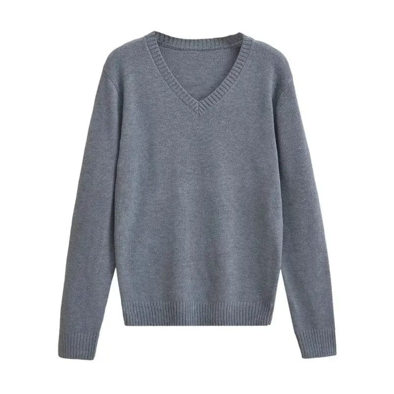 Saboor store  Gray / M American Retro Simple V-neck Pullover Sweater