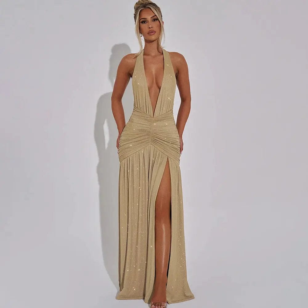 Saboor store  Halter Backless Bright Silk Dress V-neck Khaki / L Halter Backless Bright Silk Dress V-neck