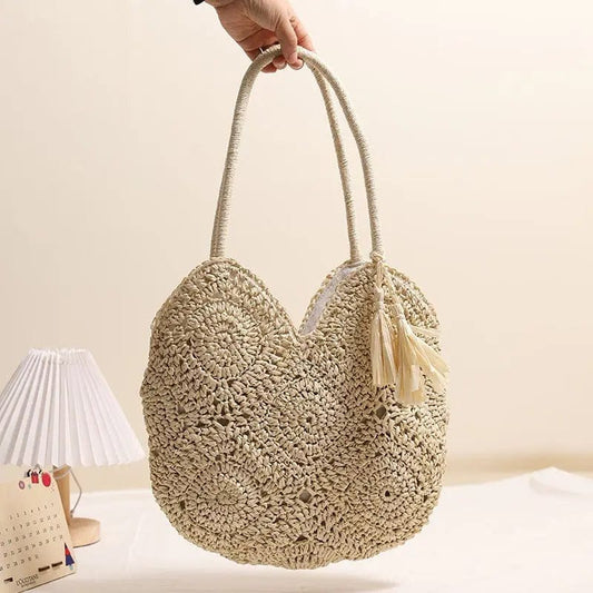 Saboor store Hollow Tassel Straw Bag Large Capacity S Grandmother Plaid Tassel Hollow Tassel Straw Bag Large Capacity Shoulder Woven Bag