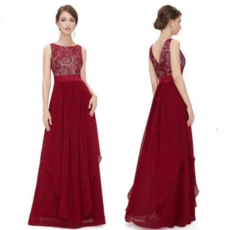 Saboor store Lace spliced chiffon dress Wine red / L Lace spliced chiffon dress