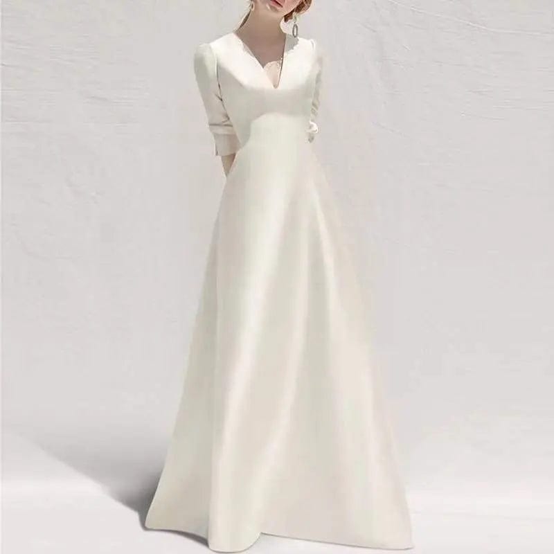 Saboor store Ladies Style White Dress Satin Surface W Ladies Style White Dress Satin Surface Was Thin And High French Temperament Dress Long Skirt