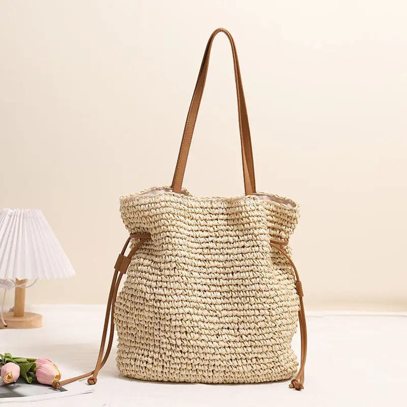 Saboor store Large Capacity Straw Bag Drawstring Hand Beige Large Capacity Straw Bag Drawstring Hand-carrying Knitting Shoulder Bag