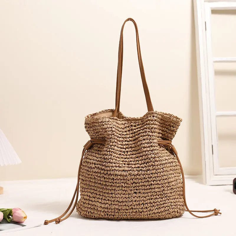 Saboor store Large Capacity Straw Bag Drawstring Hand Coffee Large Capacity Straw Bag Drawstring Hand-carrying Knitting Shoulder Bag