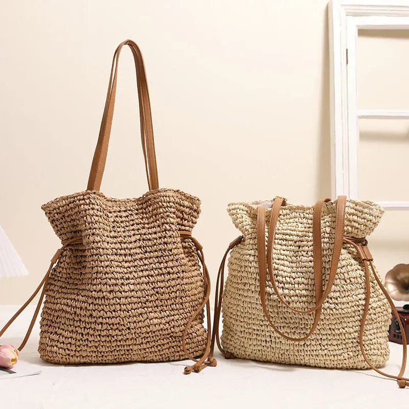 Saboor store Large Capacity Straw Bag Drawstring Hand Large Capacity Straw Bag Drawstring Hand-carrying Knitting Shoulder Bag