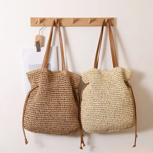 Saboor store Large Capacity Straw Bag Drawstring Hand Large Capacity Straw Bag Drawstring Hand-carrying Knitting Shoulder Bag