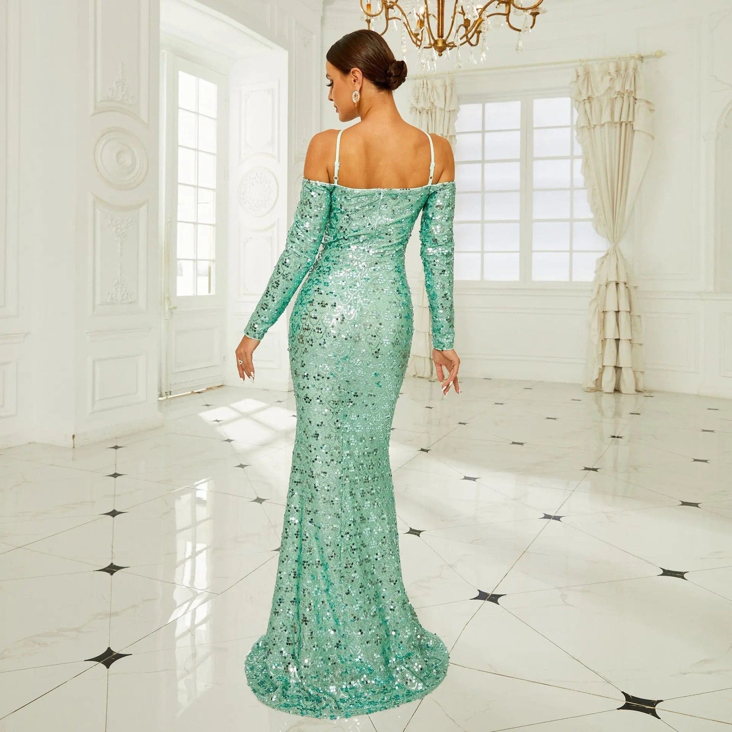 Saboor store Long Sleeve Off-the-shoulder Banquet Seq Long Sleeve Off-the-shoulder Banquet Sequined Sheath Fishtail Dress