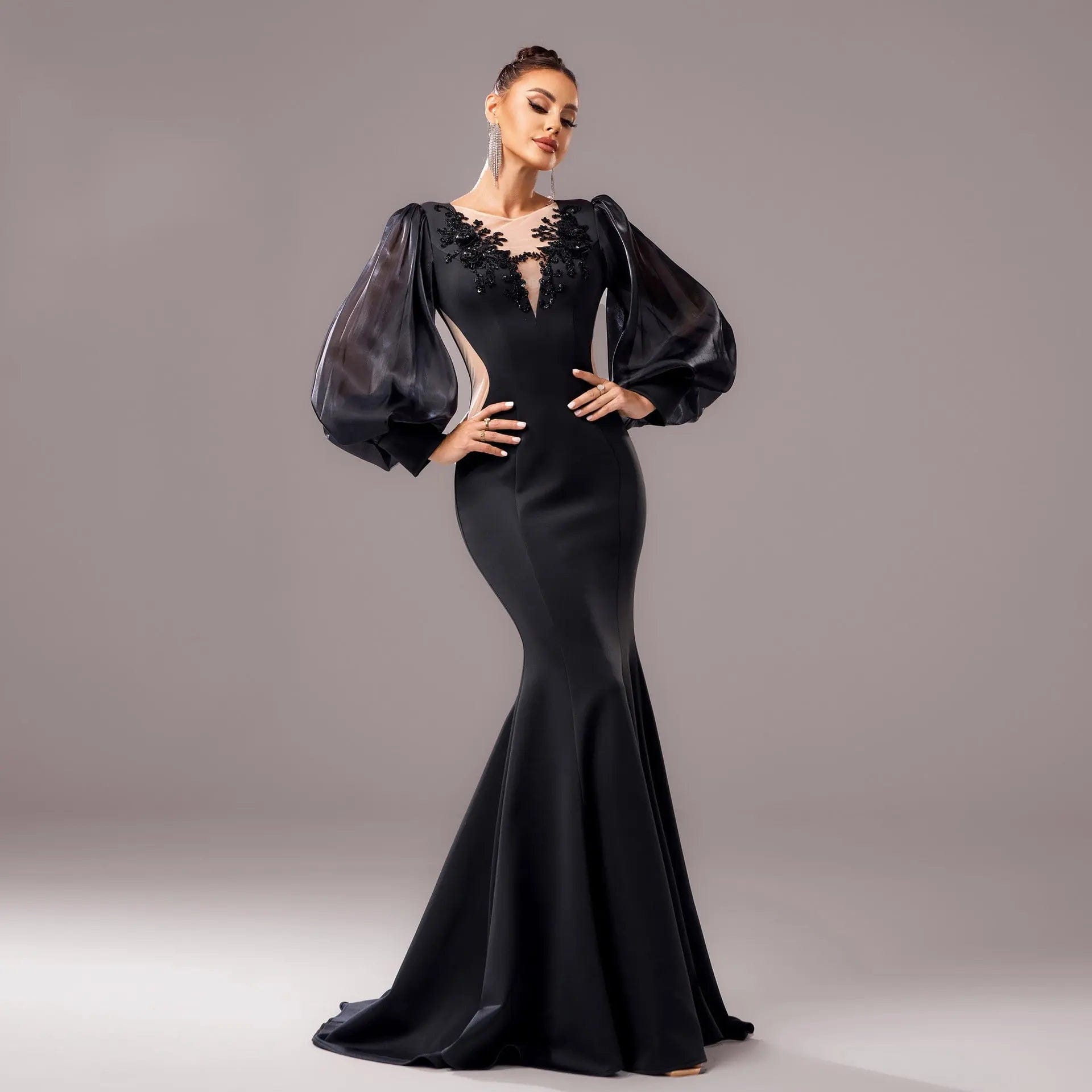 Saboor store Long Sleeve Round Neck Banquet Applique Black / L Long Sleeve Round Neck Banquet Applique Sheath Fishtail Dress