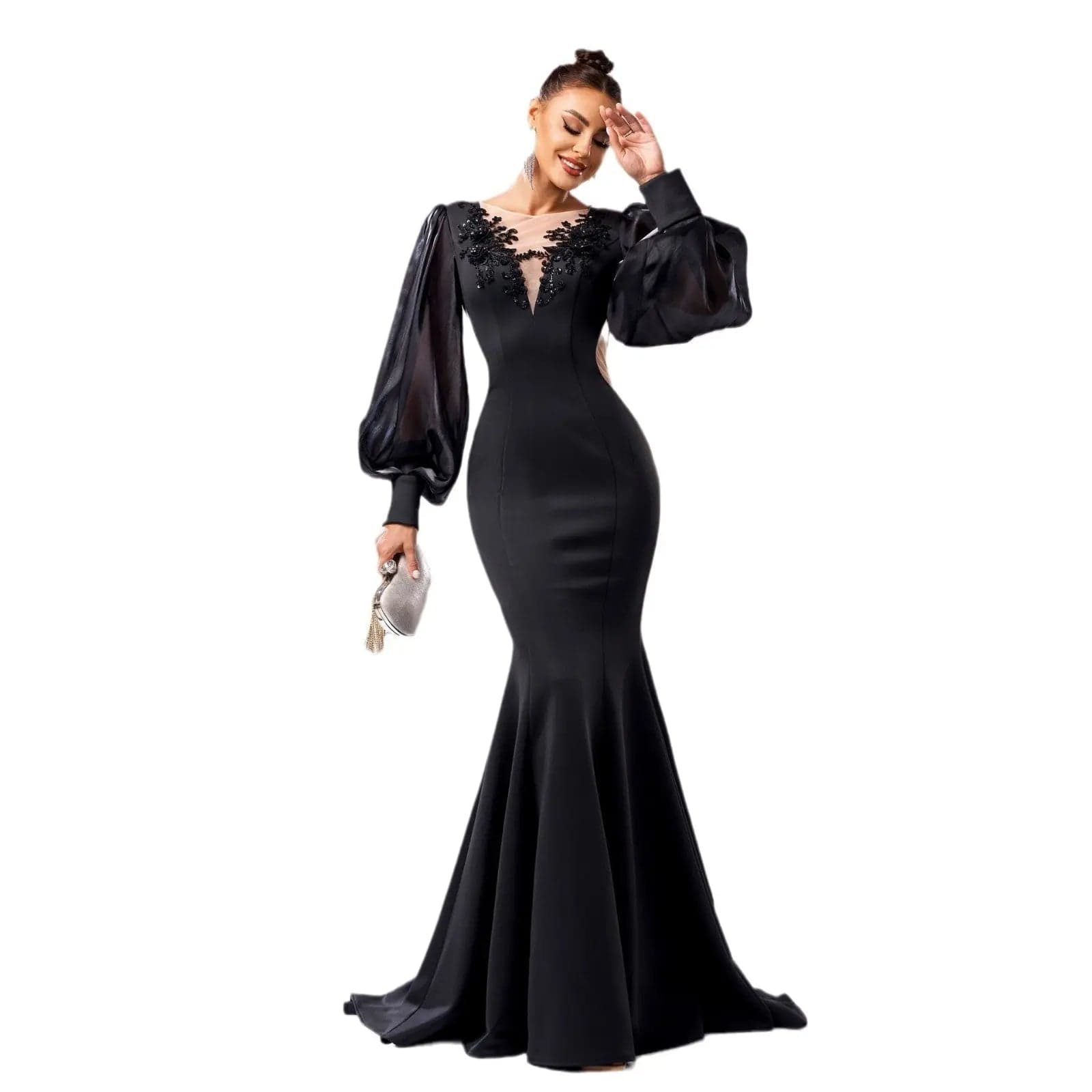 Saboor store Long Sleeve Round Neck Banquet Applique Long Sleeve Round Neck Banquet Applique Sheath Fishtail Dress