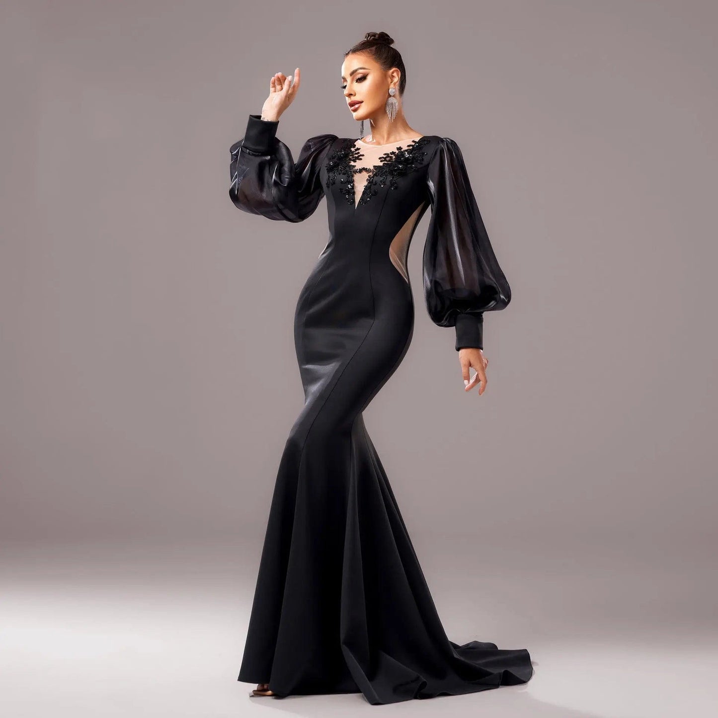 Saboor store Long Sleeve Round Neck Banquet Applique Long Sleeve Round Neck Banquet Applique Sheath Fishtail Dress