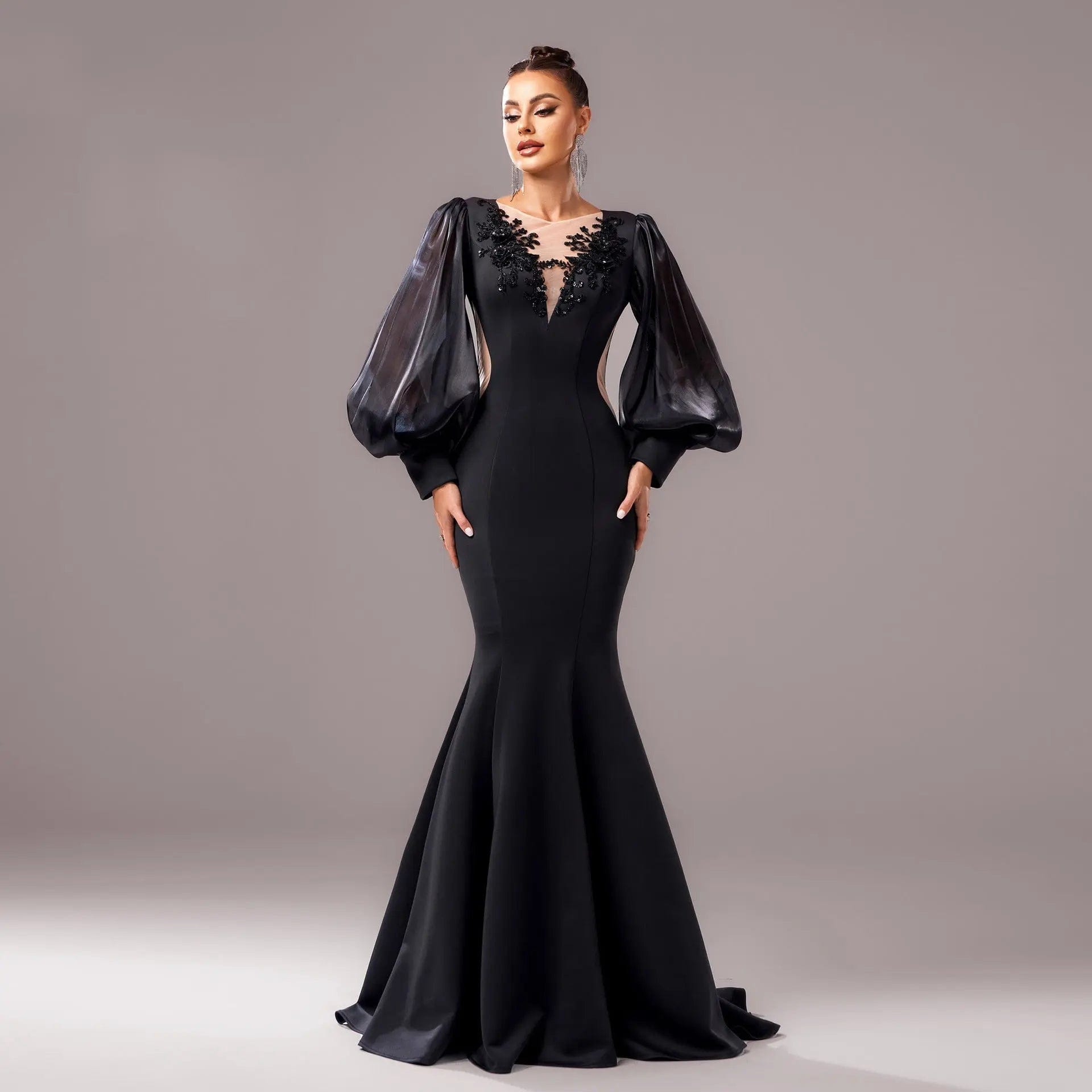 Saboor store Long Sleeve Round Neck Banquet Applique Long Sleeve Round Neck Banquet Applique Sheath Fishtail Dress