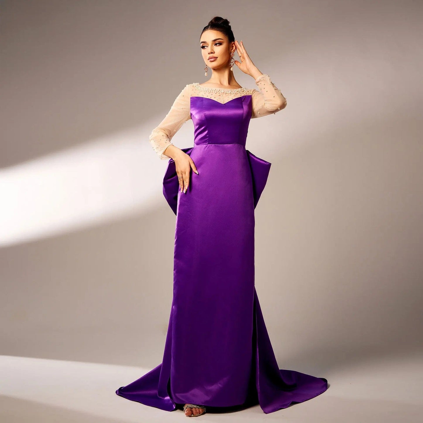 Saboor store Long Sleeve Round Neck Party Beaded Big Purple / L Long Sleeve Round Neck Party Beaded Big Bow Evening Dress