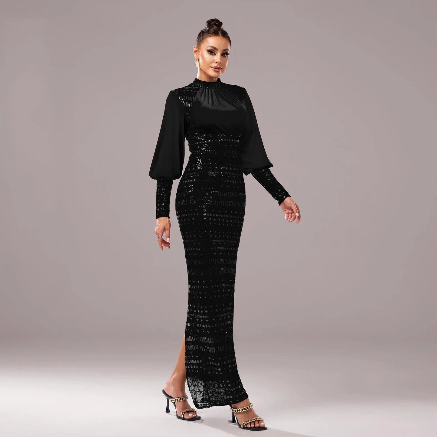 Saboor store Long Sleeve Round Neck Sequins Slit Even Long Sleeve Round Neck Sequins Slit Evening Dress