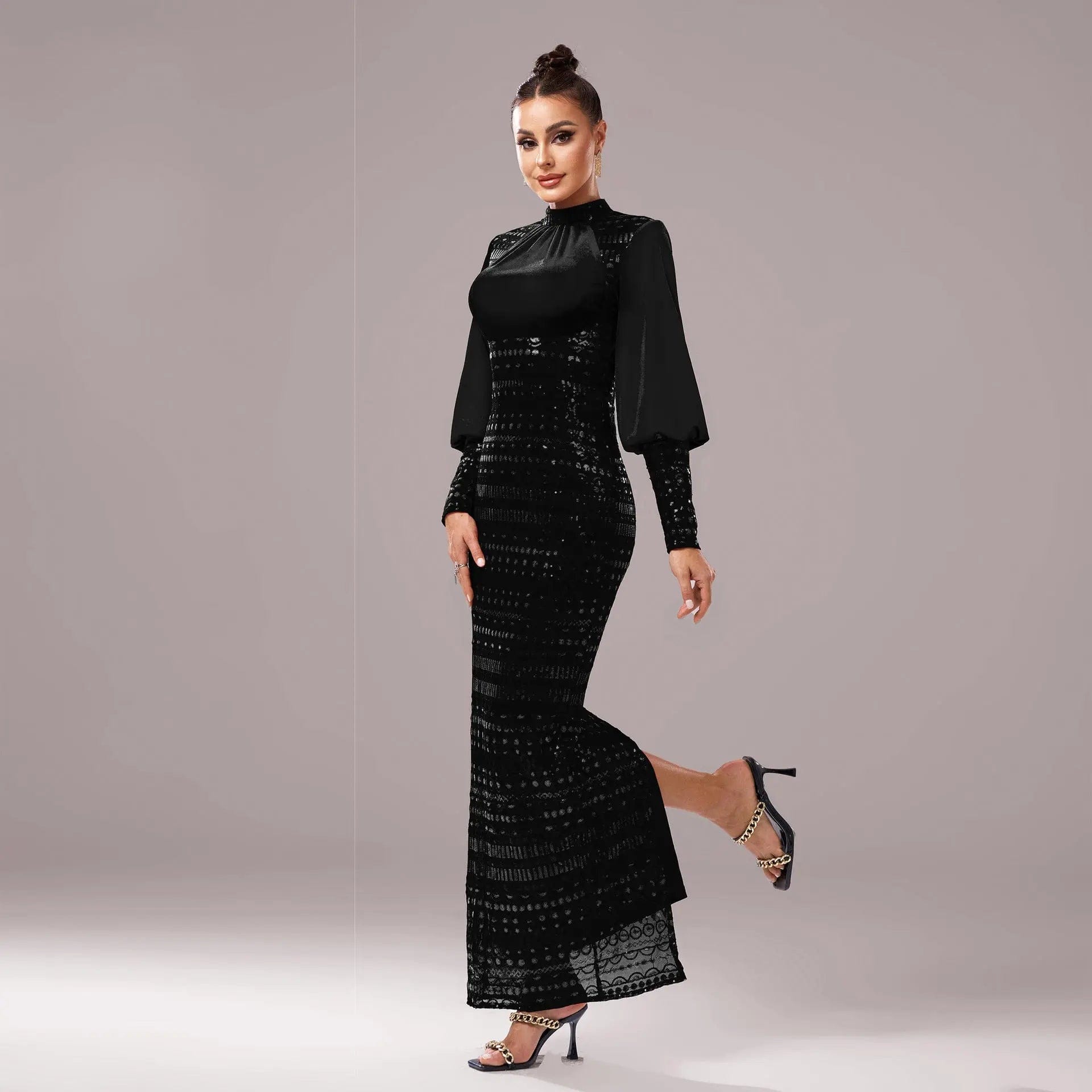 Saboor store Long Sleeve Round Neck Sequins Slit Even Long Sleeve Round Neck Sequins Slit Evening Dress