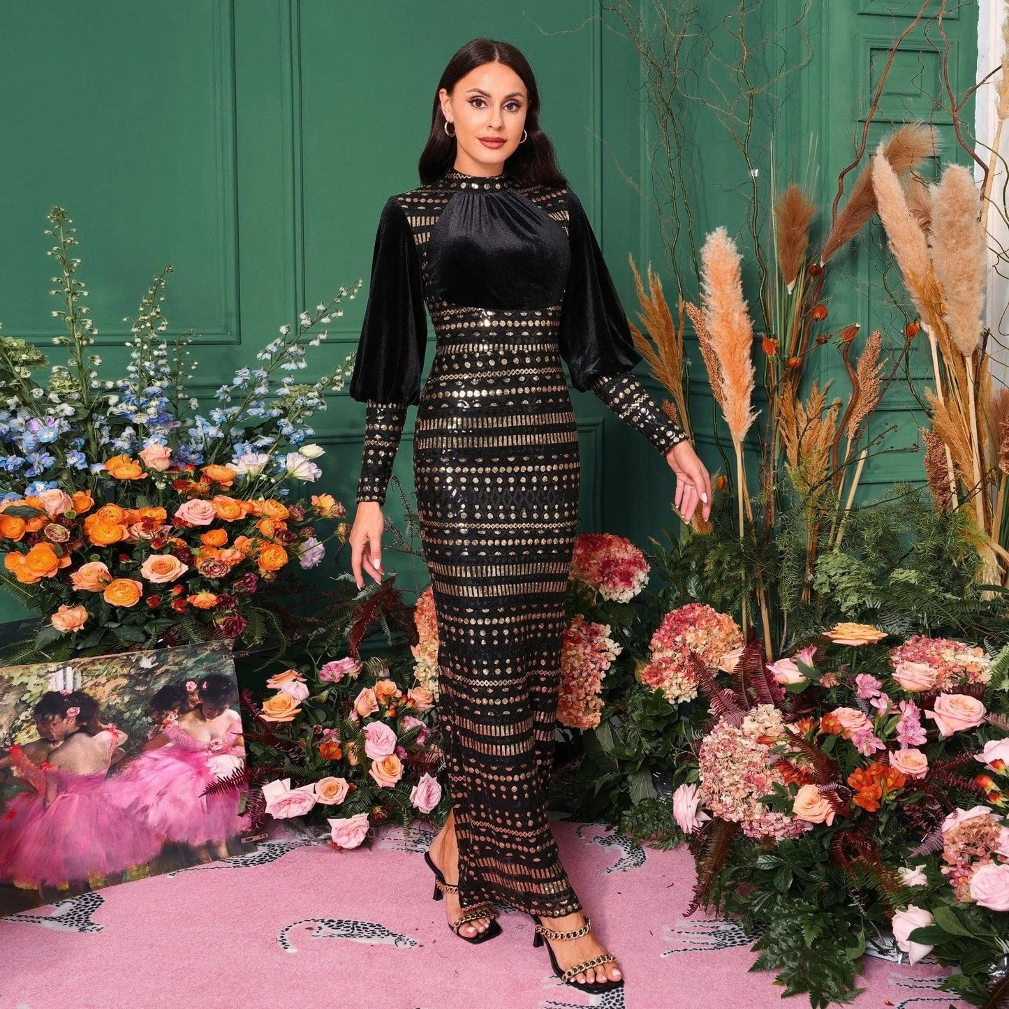 Saboor store Long Sleeve Round Neck Sequins Slit Even Long Sleeve Round Neck Sequins Slit Evening Dress