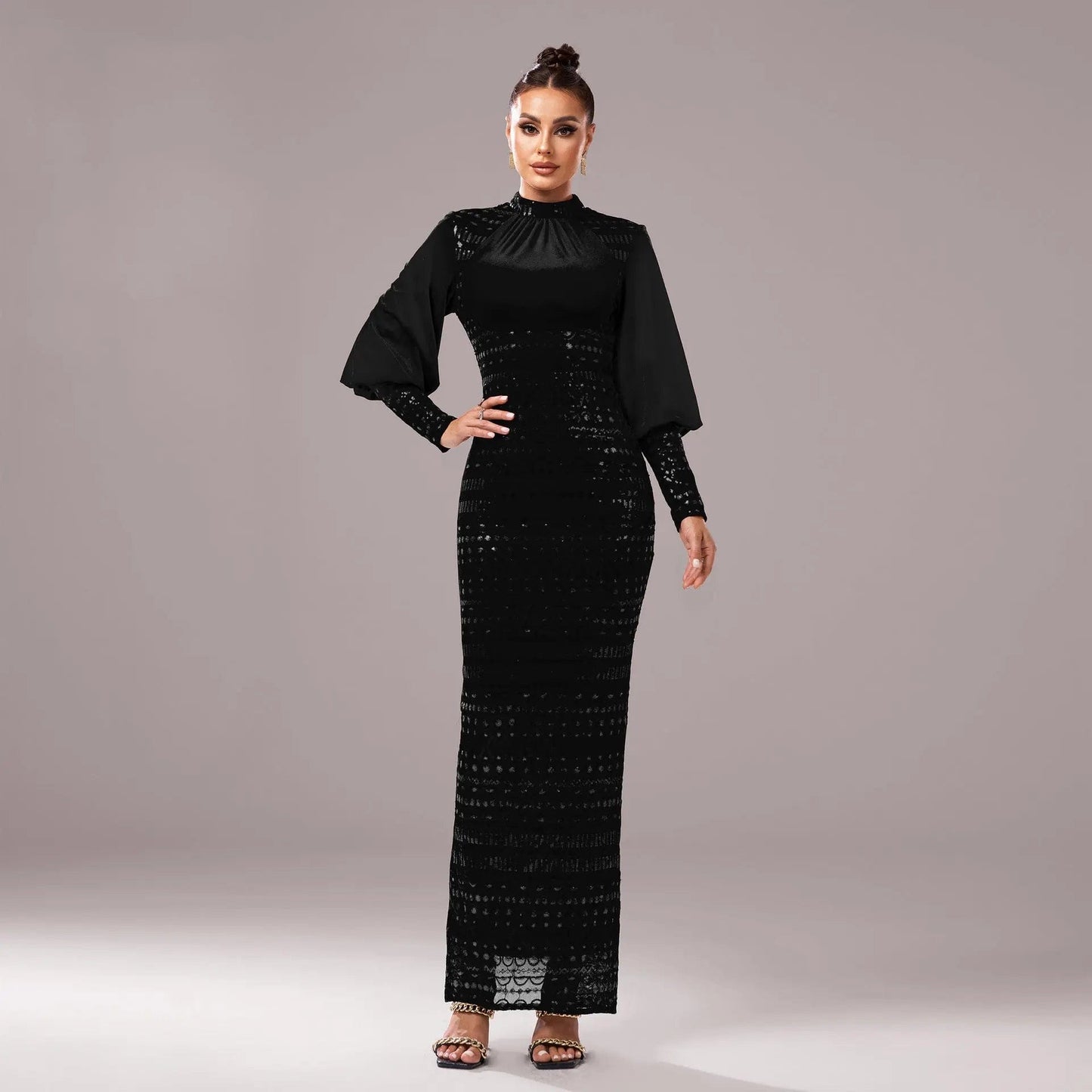 Saboor store Long Sleeve Round Neck Sequins Slit Even Long Sleeve Round Neck Sequins Slit Evening Dress