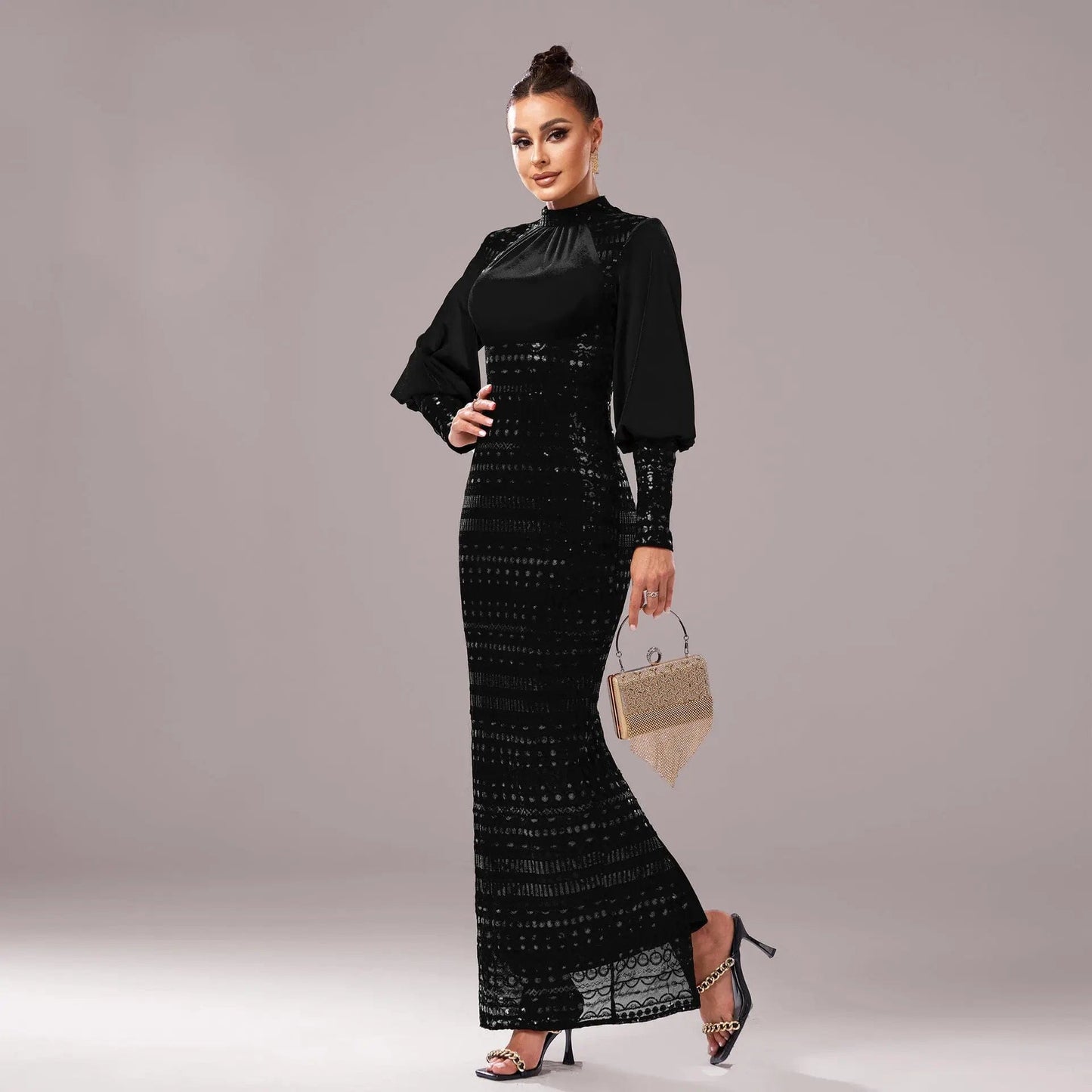 Saboor store Long Sleeve Round Neck Sequins Slit Even Pure Black / L Long Sleeve Round Neck Sequins Slit Evening Dress