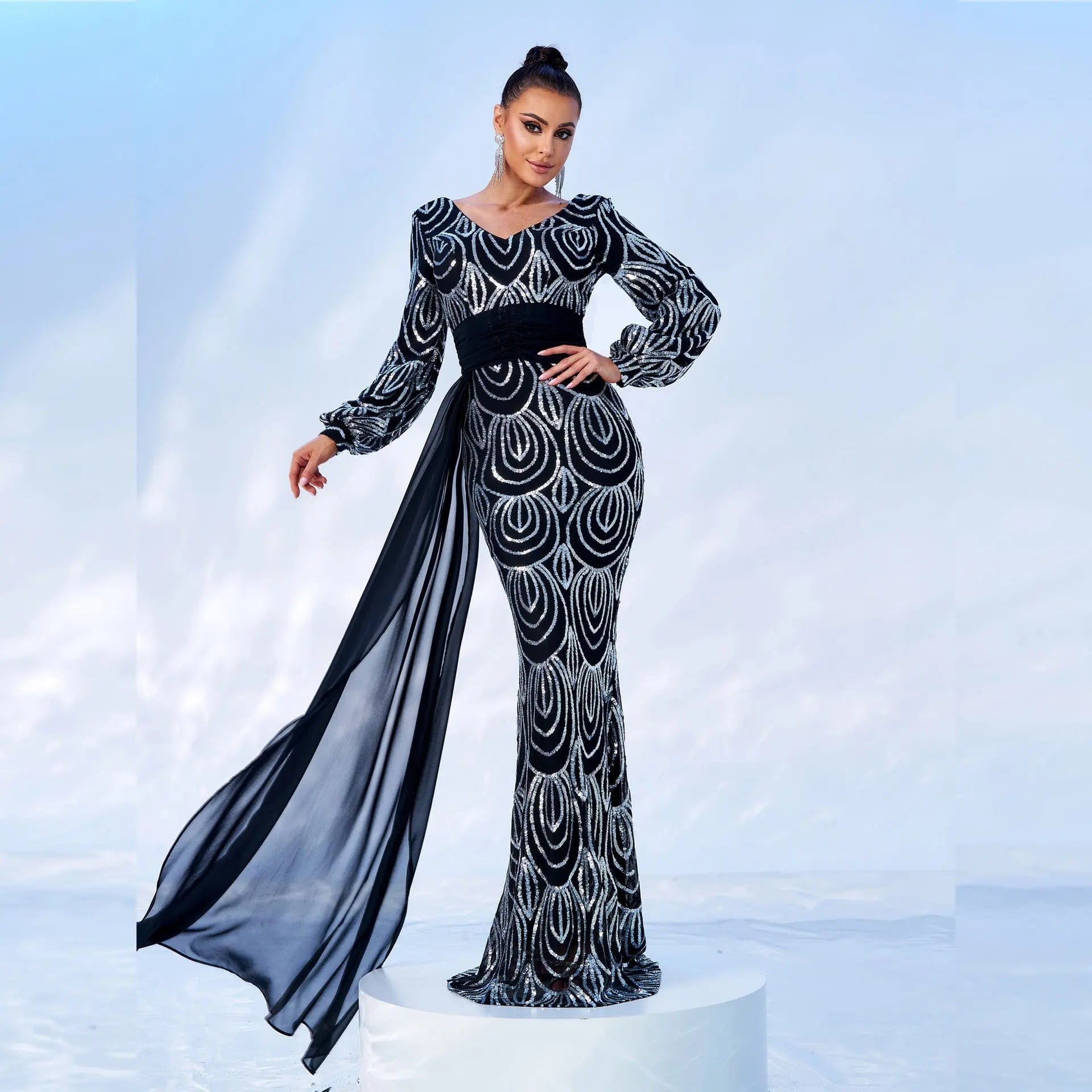 Saboor store Long Sleeve Sexy Long Sequined V-neck Ba Black / L Long Sleeve Sexy Long Sequined V-neck Banquet Ribbon Evening Dress