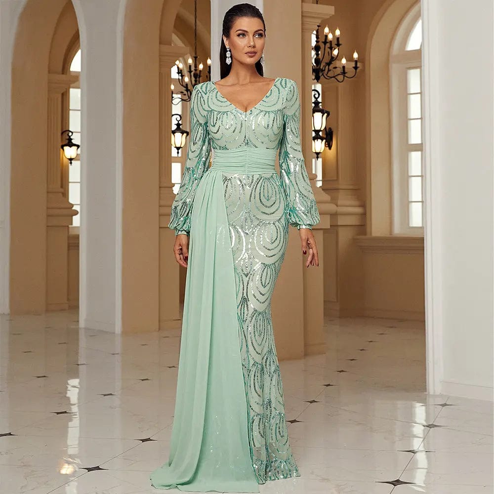 Saboor store Long Sleeve Sexy Long Sequined V-neck Ba Green / L Long Sleeve Sexy Long Sequined V-neck Banquet Ribbon Evening Dress