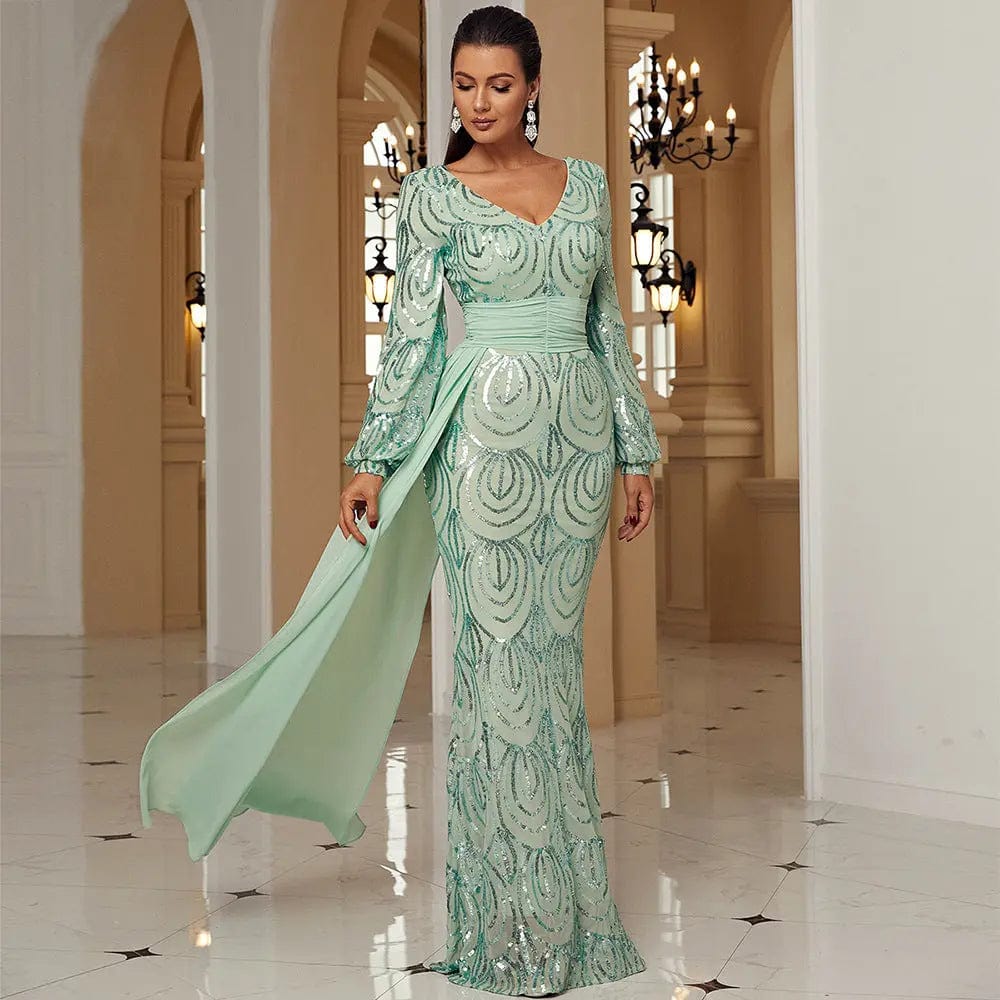 Saboor store Long Sleeve Sexy Long Sequined V-neck Ba Long Sleeve Sexy Long Sequined V-neck Banquet Ribbon Evening Dress