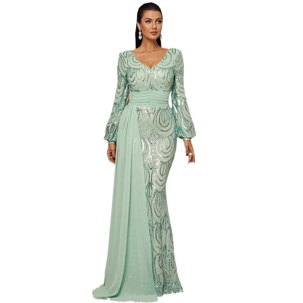 Saboor store Long Sleeve Sexy Long Sequined V-neck Ba Long Sleeve Sexy Long Sequined V-neck Banquet Ribbon Evening Dress