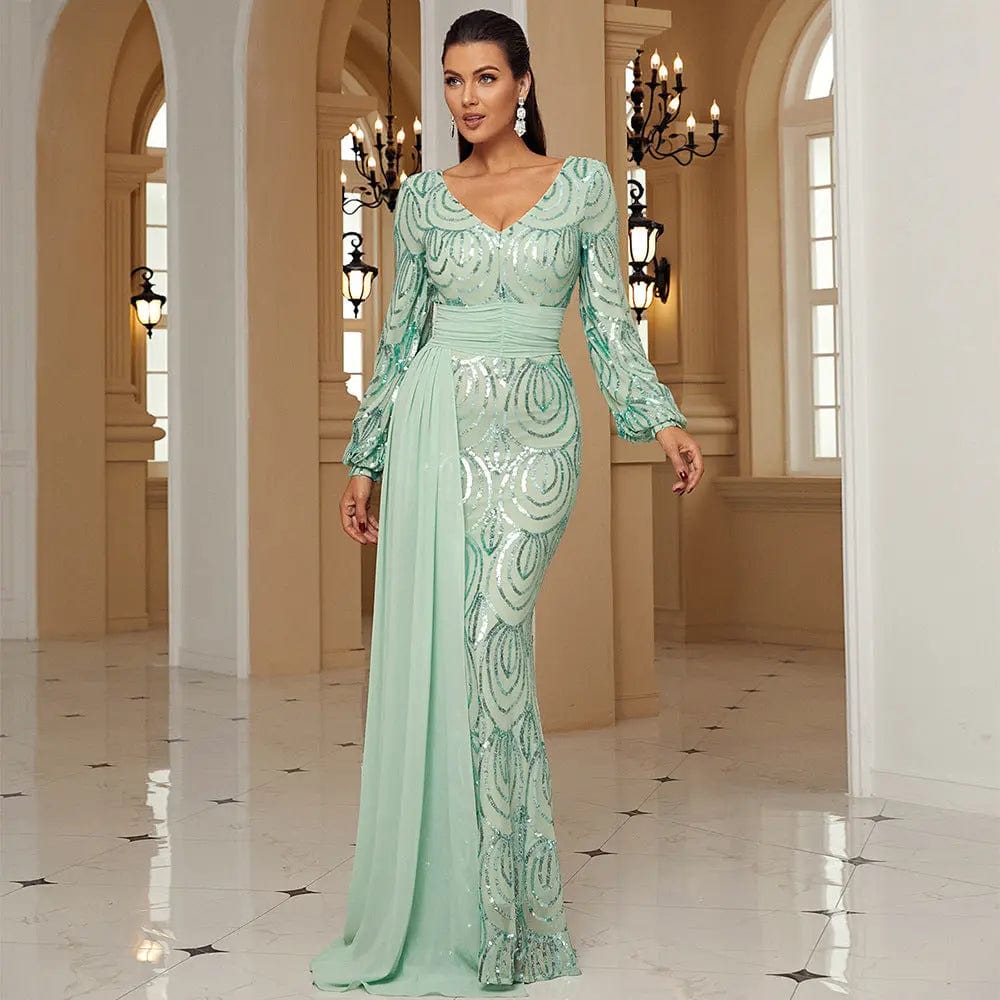 Saboor store Long Sleeve Sexy Long Sequined V-neck Ba Long Sleeve Sexy Long Sequined V-neck Banquet Ribbon Evening Dress