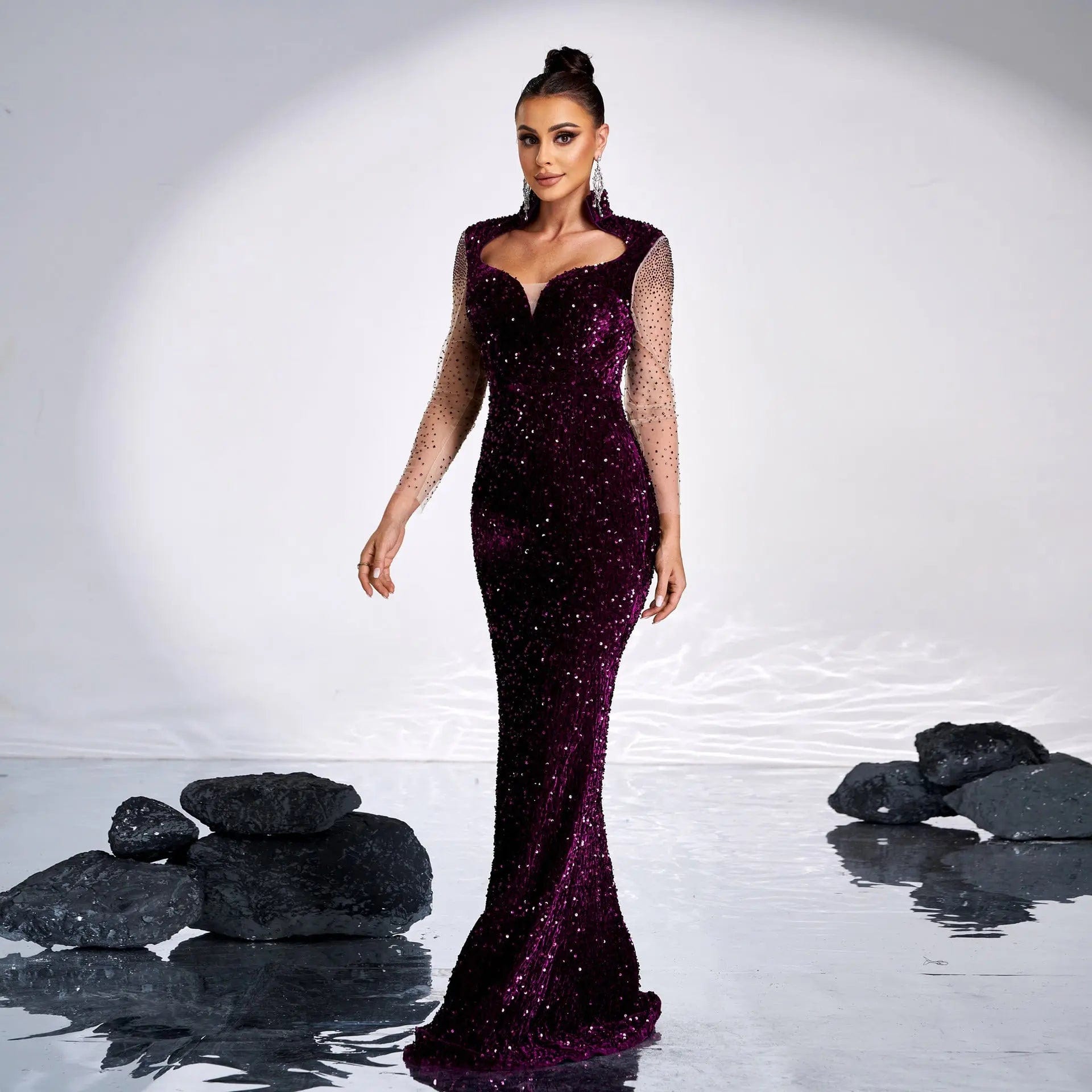 Saboor store Long Sleeve Square-neck Banquet Sequined Long Sleeve Square-neck Banquet Sequined Rhinestone Fishtail Dress